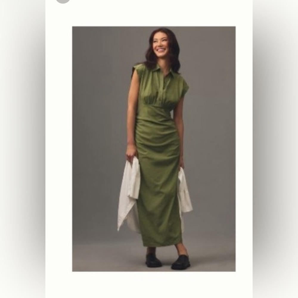 Cap-Sleeve V-Neck Ruched Slim Midi Dress